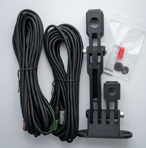 GG Offroad DRV and bed view camera relocation kit for 2024+ Toyota Tacoma with pivot arm mount: braided shielded extension cables, pivot arm, external camera housing and hardware