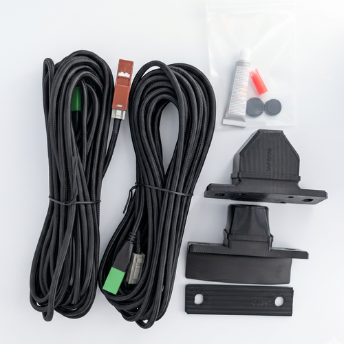 GG Offroad DRV and bed view camera relocation kit for 2024+ Toyota Tacoma with external mount: two braided shielded extension cables, external camera housings, shims and hardware